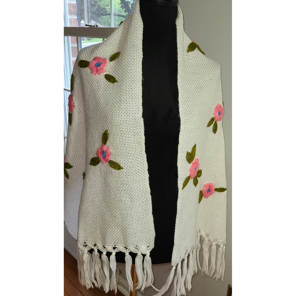 Vtg Glentex Knit Scarf Japan White Rosebuds Womens Boho Grannycore Artsy  17x56